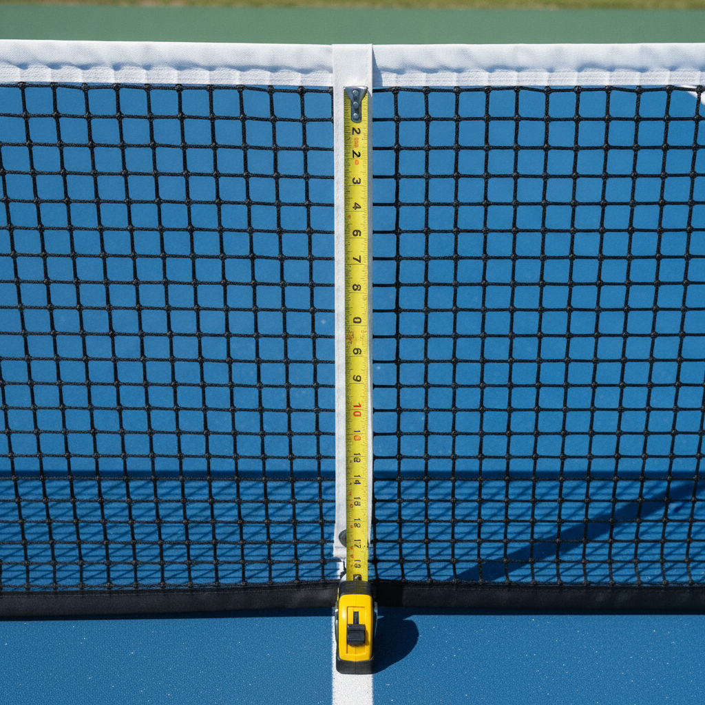 Measuring pickleball net height at center — 34 inches at the center strap, regulation USAPA standard