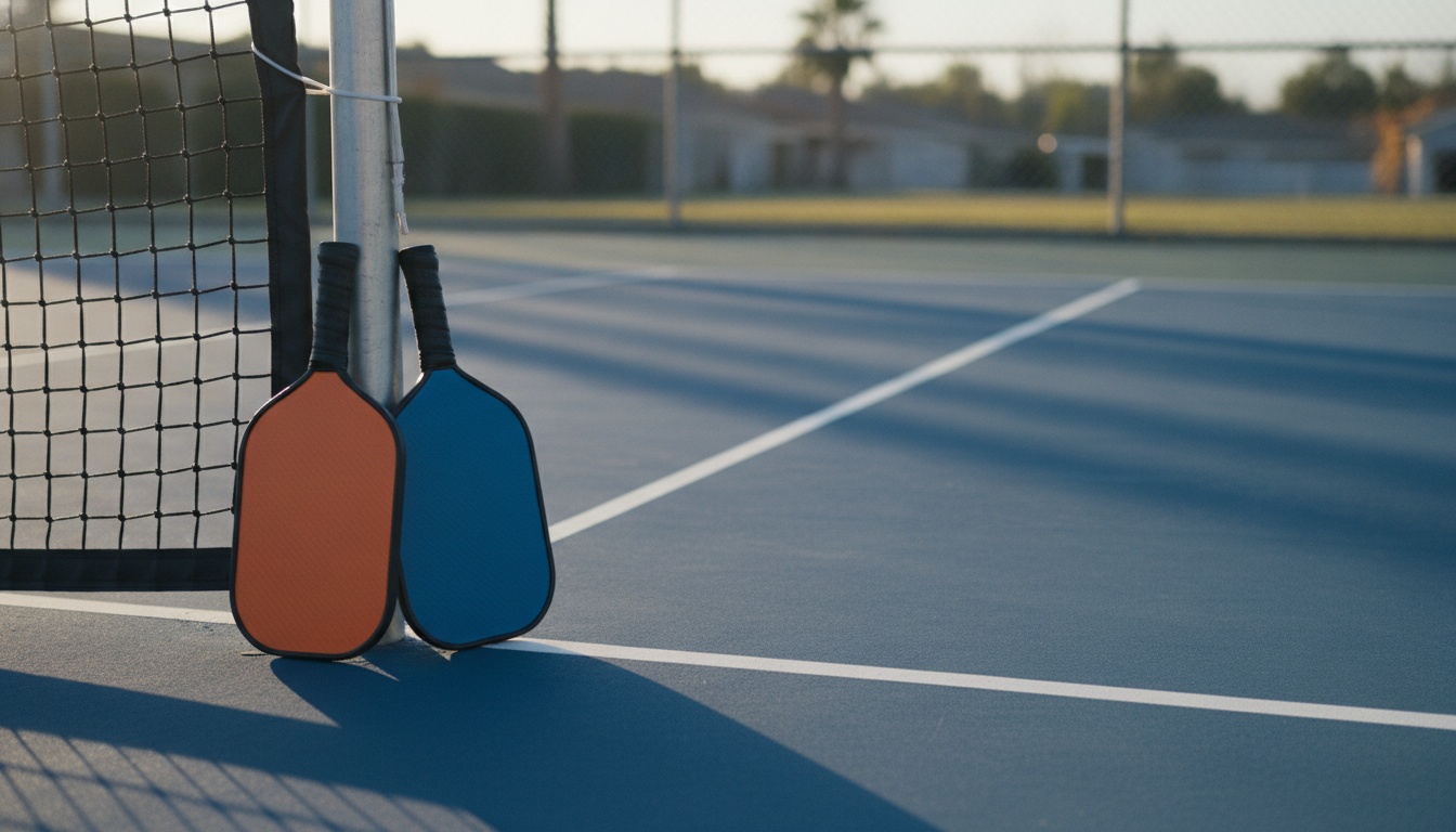 Pickleball paddles resting against the net post on an outdoor court at golden hour