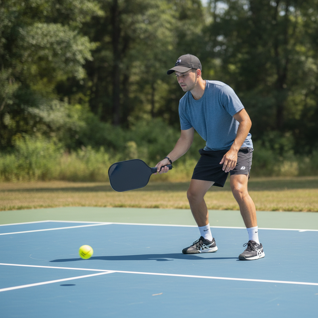 Player at kitchen line on outdoor pickleball court with yellow ball bouncing on court surface, afternoon sun