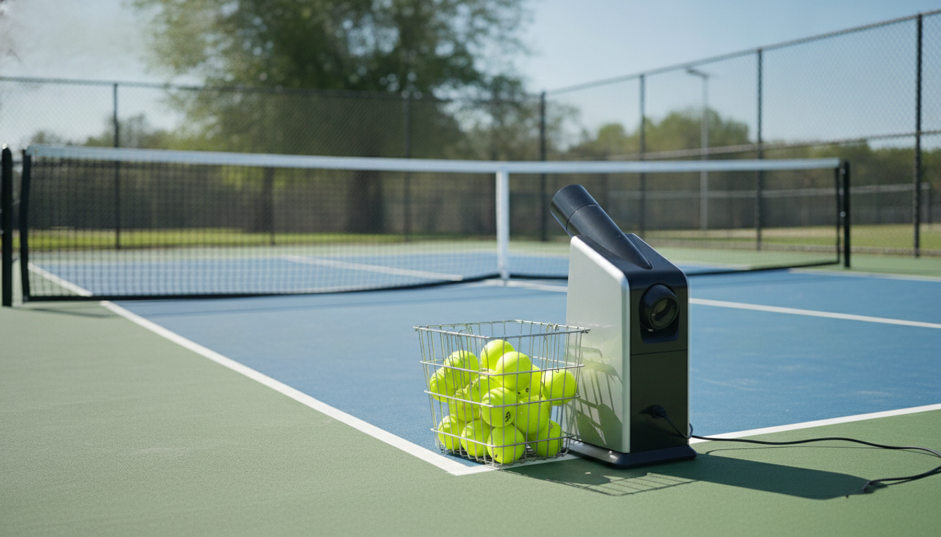 Lobster Pickle Champion Ball Machine on outdoor pickleball court during practice drill session