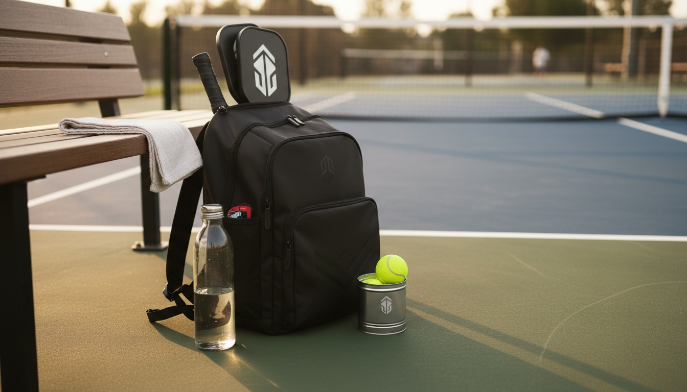 Premium pickleball backpack at outdoor tournament court with paddles and equipment organized