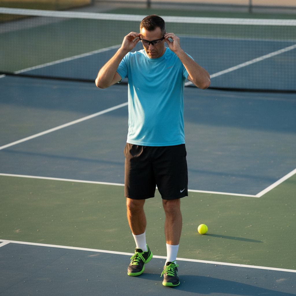 Pickleball player on outdoor hardcourt adjusting prescription sport wrap glasses before a match
