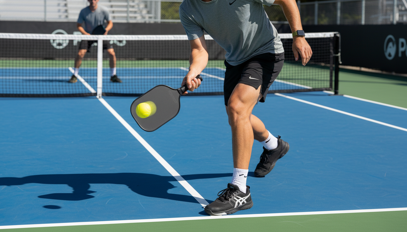 Pickleball player executing a speed-up attack at the non-volley zone — paddle at contact point above net height during kitchen line rally
