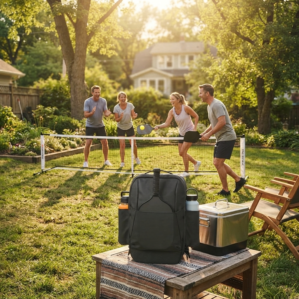 Friends playing backyard pickleball with portable net setup — perfect housewarming gift idea for new homeowners