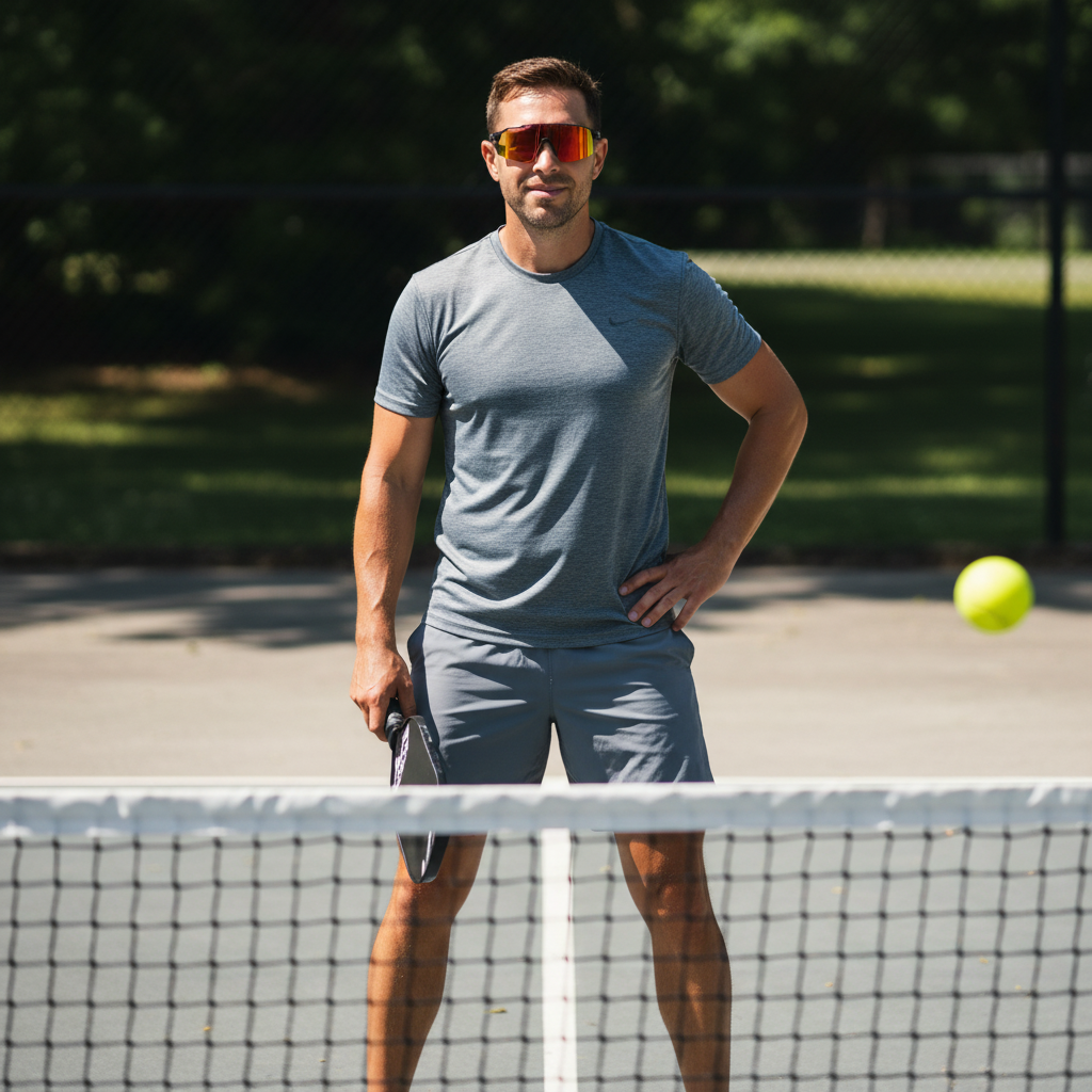 Pickleball player wearing sport eyewear on an outdoor court during a summer match