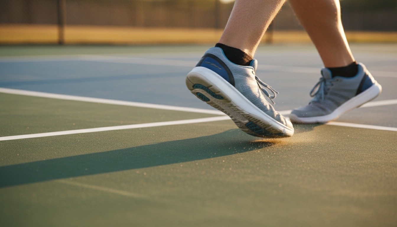 Pickleball player performing lateral shuffle on outdoor court demonstrating proper footwork mechanics