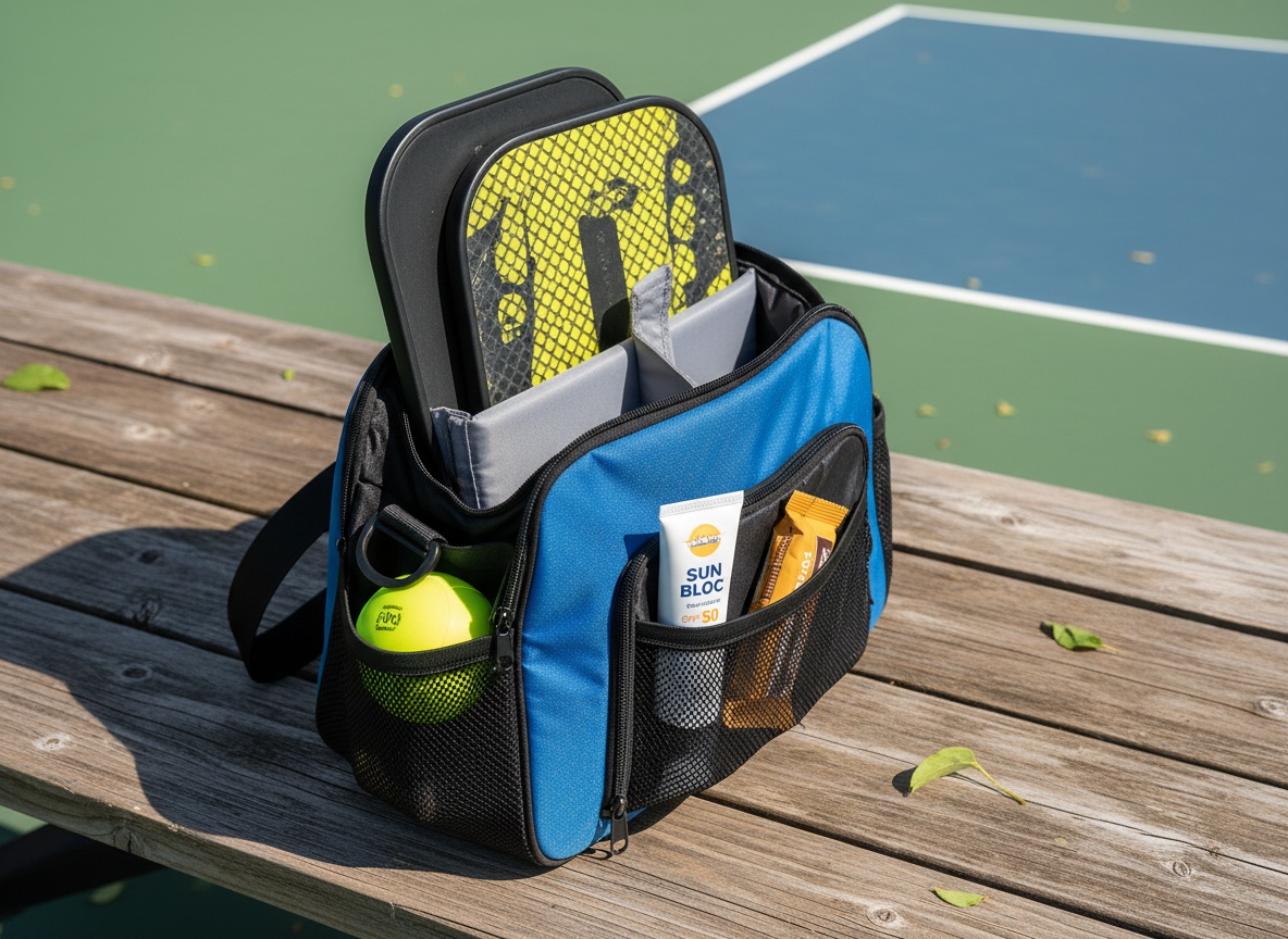 Pickleball bag interior organized with paddles and court accessories ready for play