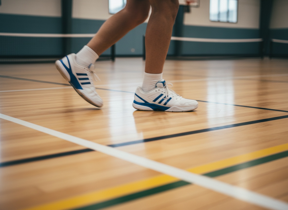 Pickleball player's feet in quick lateral shuffle on indoor court, court shoe grip visible during movement