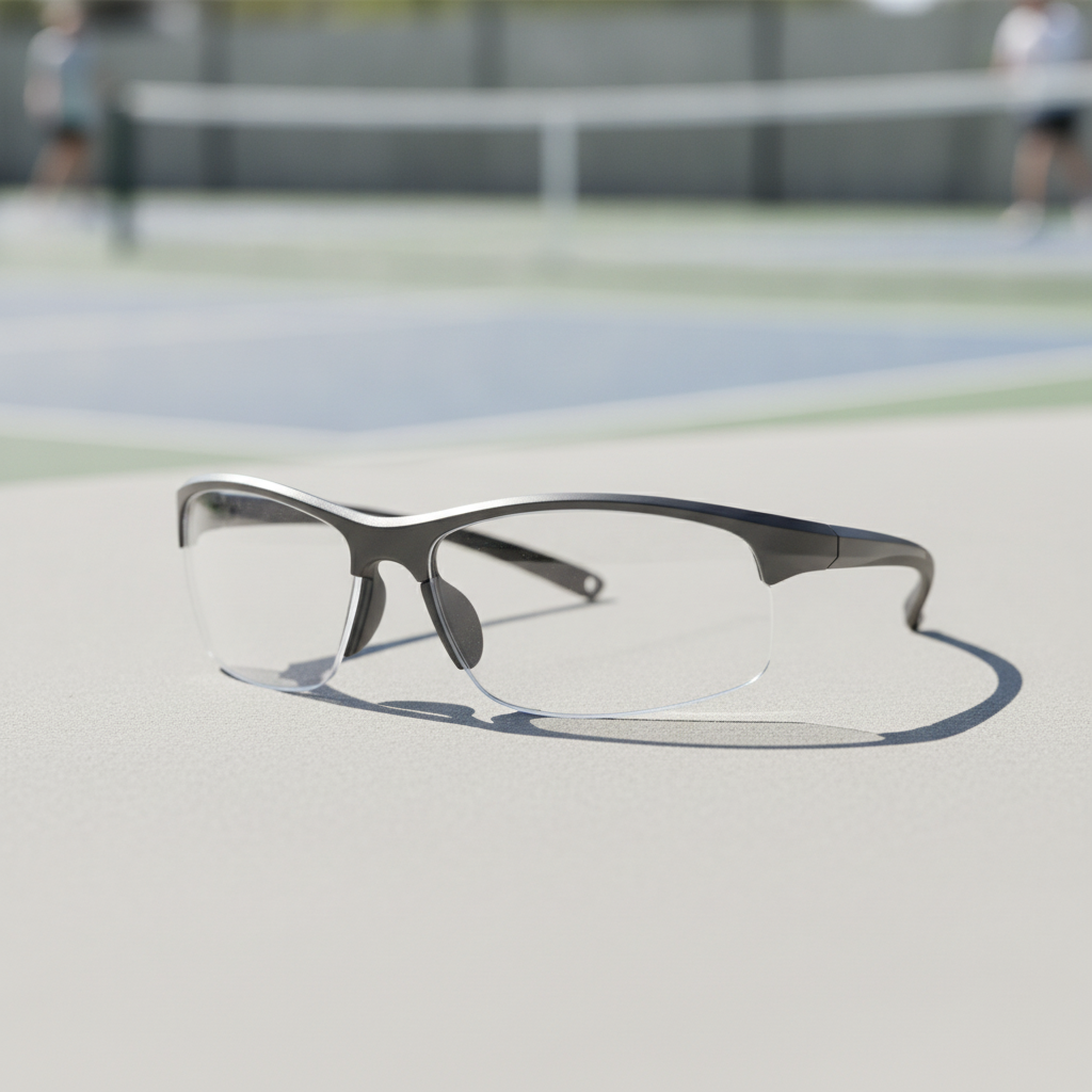 Gearbox Slim Fit Eyewear - adjustable arm pickleball protective glasses on court surface with neutral background