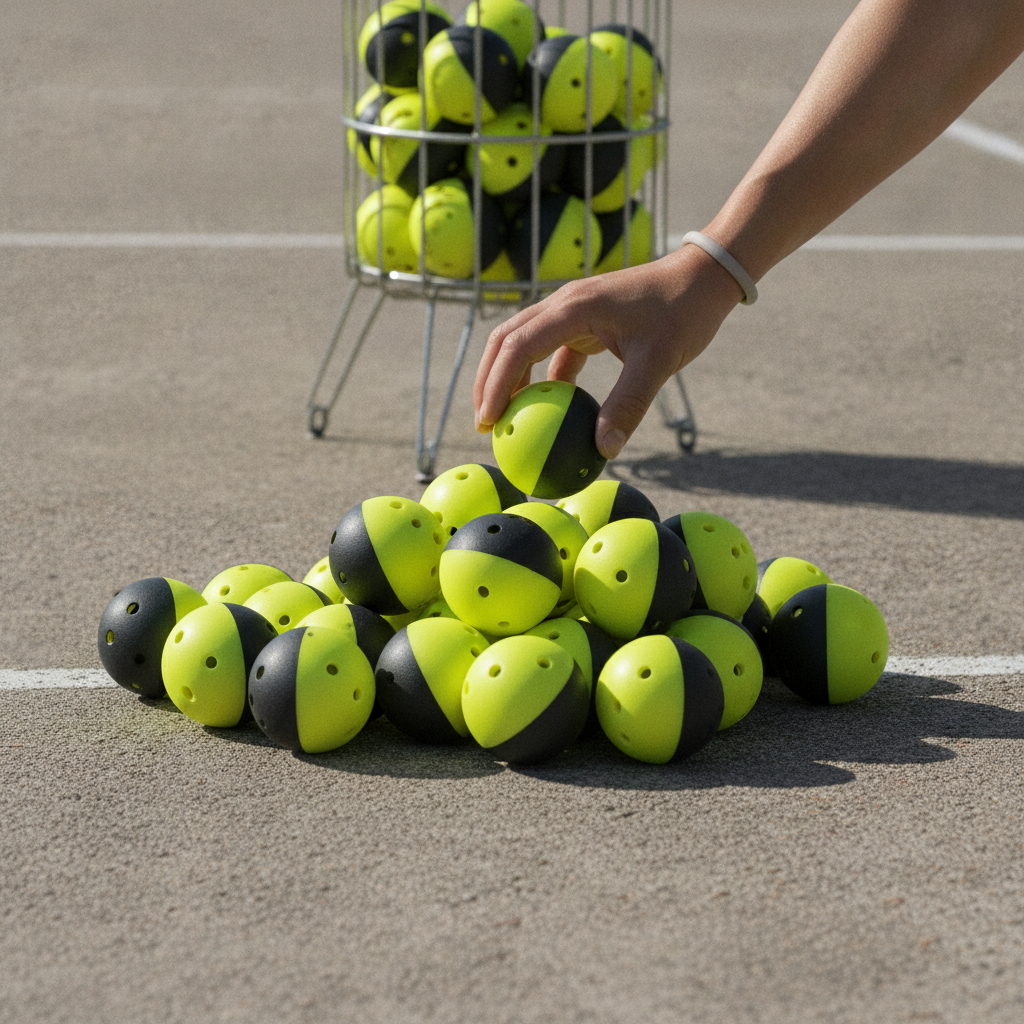ERNE Training Pickleballs 50-pack neon yellow and black dual-color training balls on outdoor pickleball court