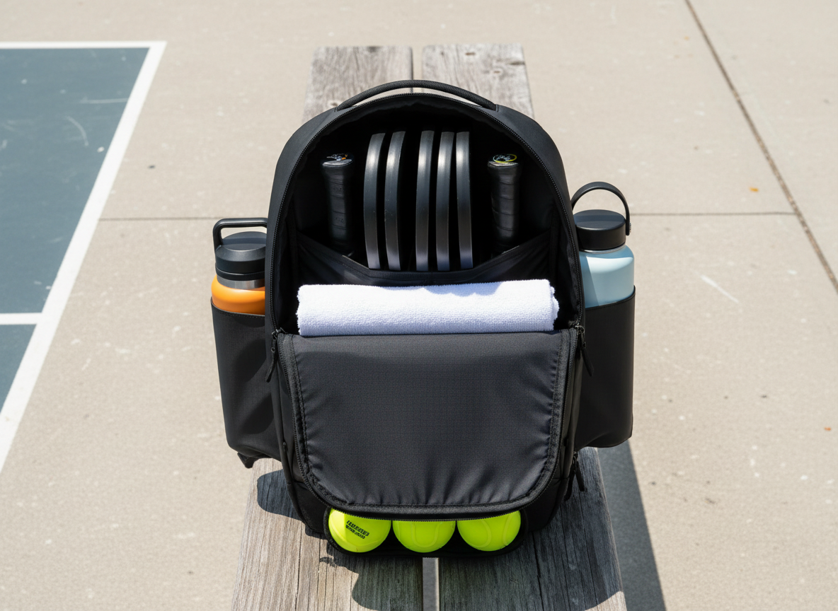 Organized pickleball backpack open on outdoor court bench showing 4-paddle sleeve, water bottle, and court shoes