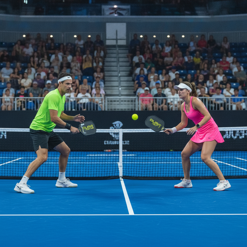 Professional pickleball players competing at a PPA Tour championship court under stadium lights — the highest level of the sport