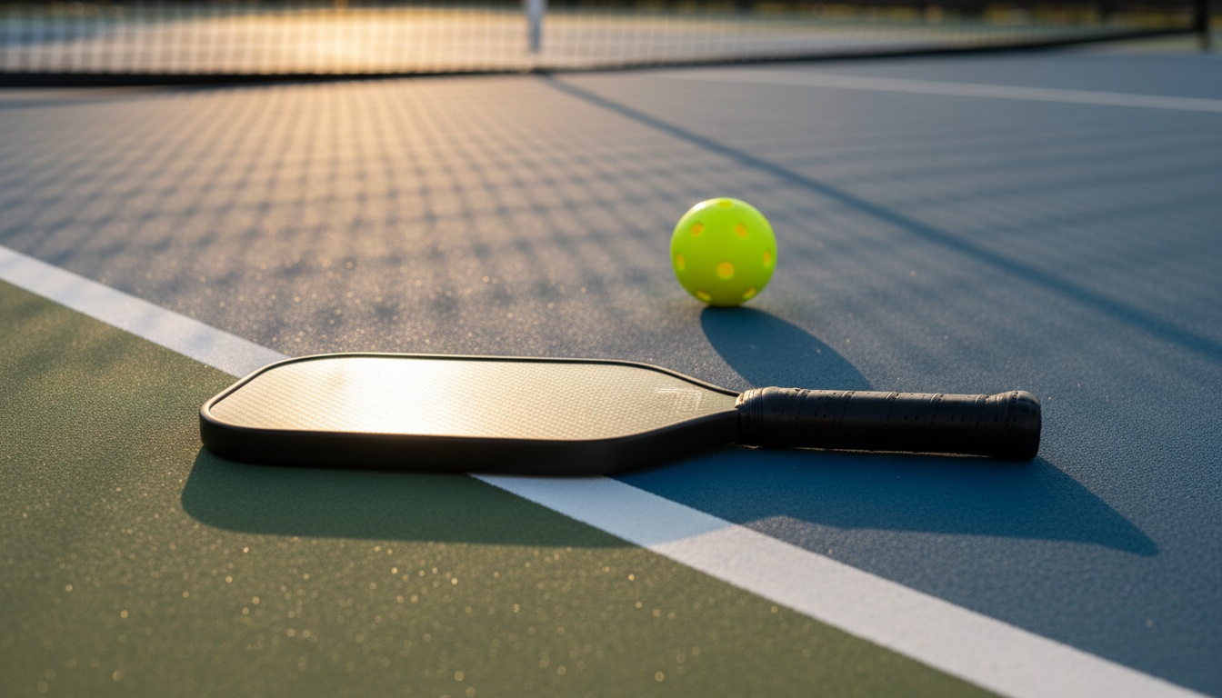 Carbon fiber pickleball paddle resting on court surface in golden hour light