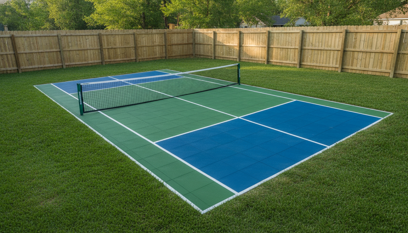 Finished backyard pickleball court with blue and green sport tile surface, portable net, and lush lawn surround