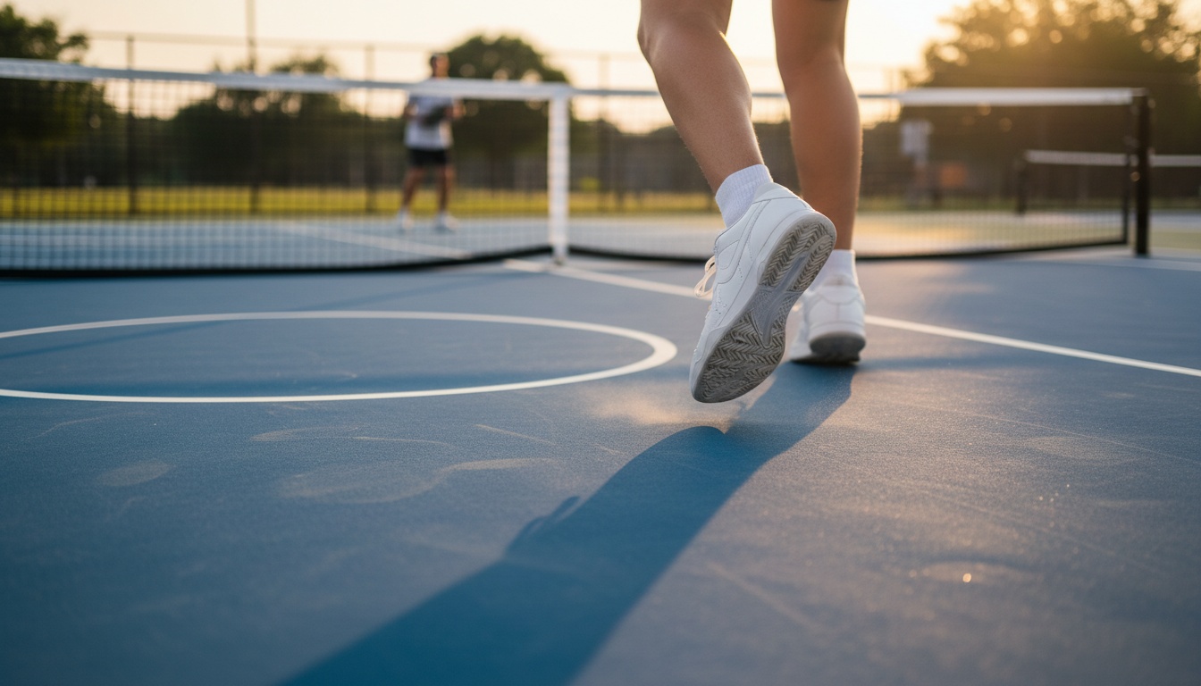Pickleball player's feet in motion on outdoor blue court, athletic court shoes visible mid-rally