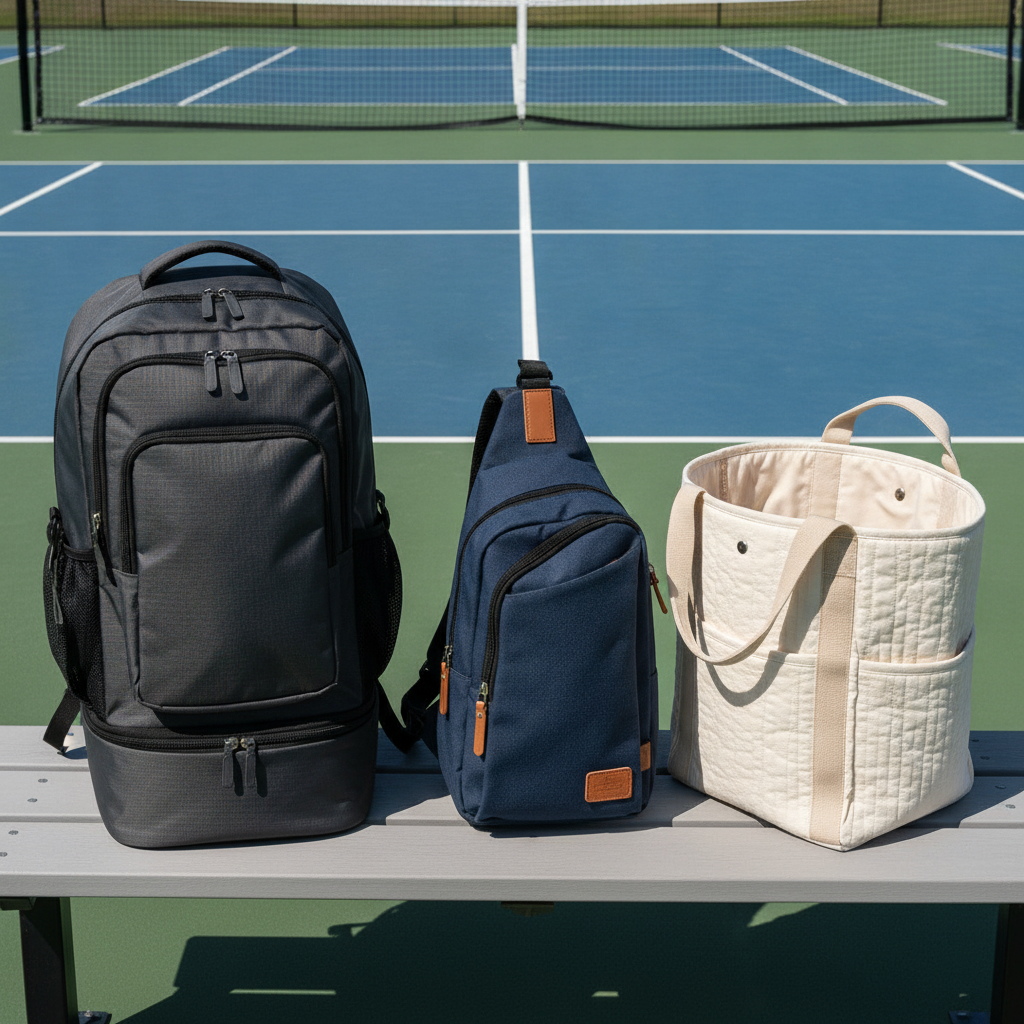 Three pickleball bag types on court bench — backpack, sling bag, and tote showing size and organization differences