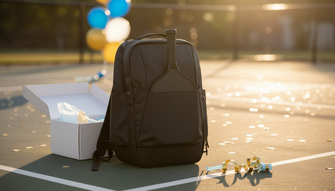 Premium pickleball backpack as a retirement gift on a sunny court