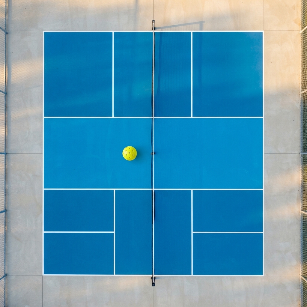 Aerial view of an outdoor pickleball court showing different surface types