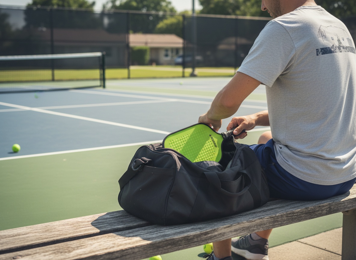 Pickleball player unzipping gear bag on outdoor court bench