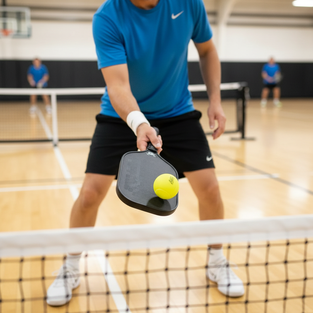 Recreational pickleball player executing a soft dink shot at the non-volley zone with a control paddle