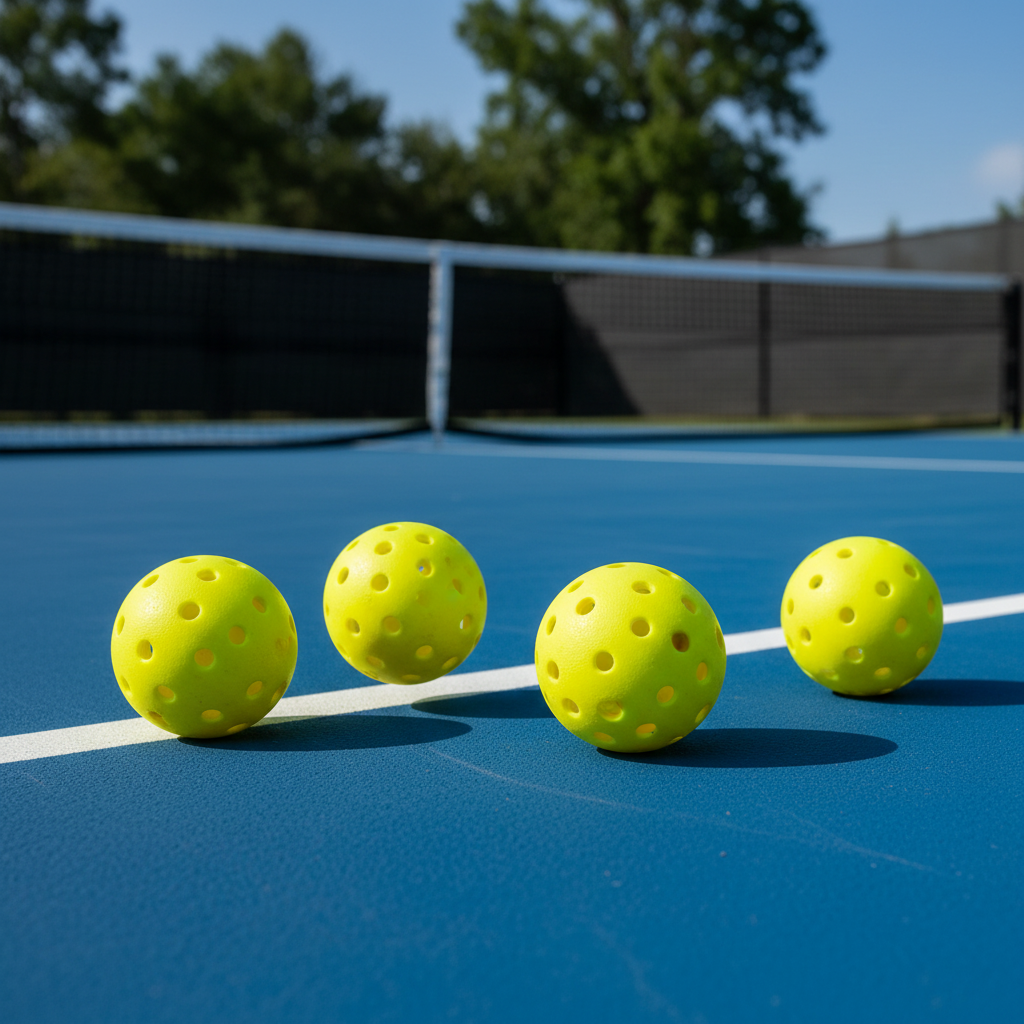 Franklin X-40 outdoor pickleballs on a blue outdoor pickleball court