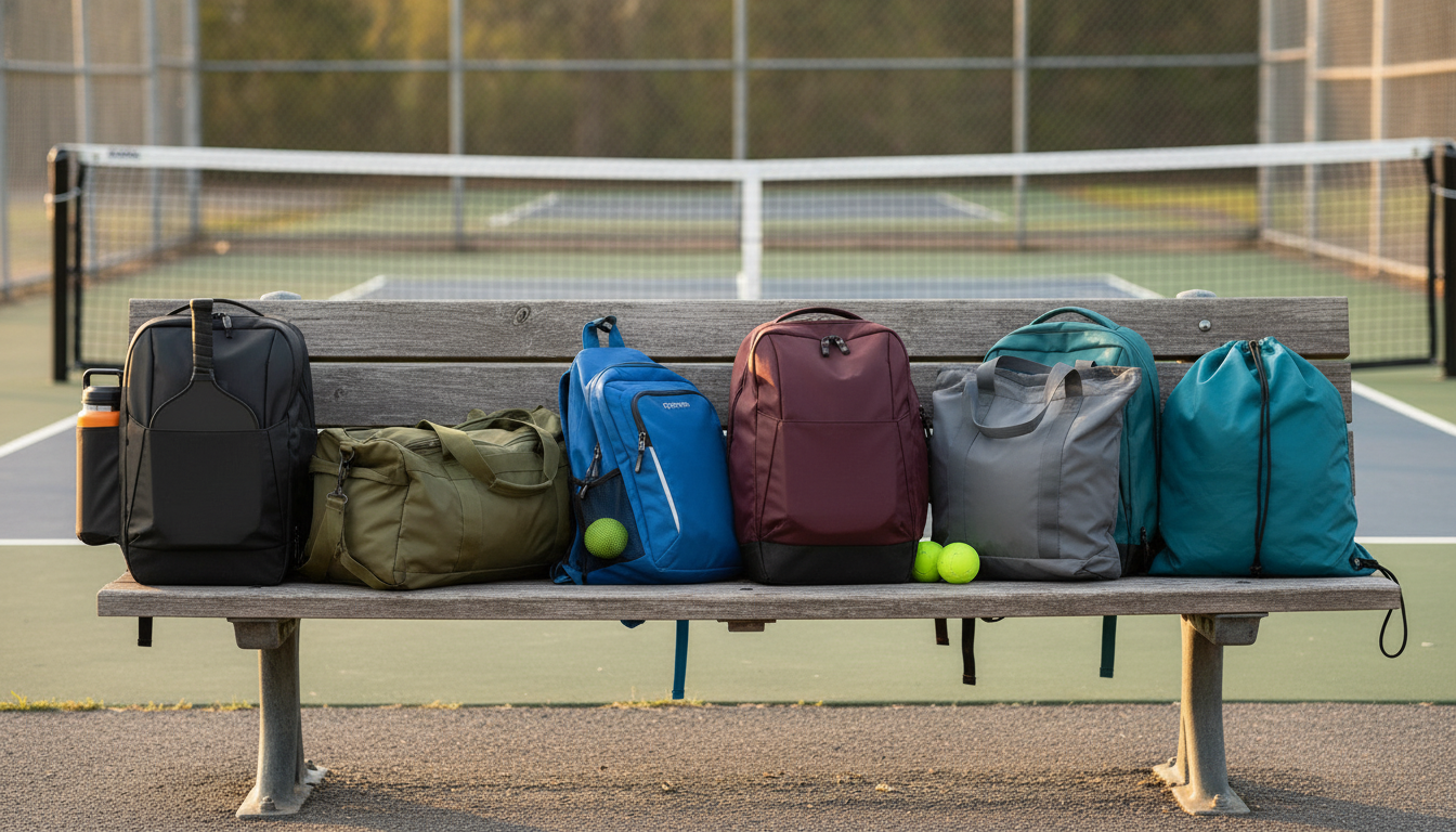 Six pickleball bags from FORWRD, JOOLA, Selkirk, CRBN, ADV, and Franklin lined up on outdoor pickleball court bench for brand comparison 2026