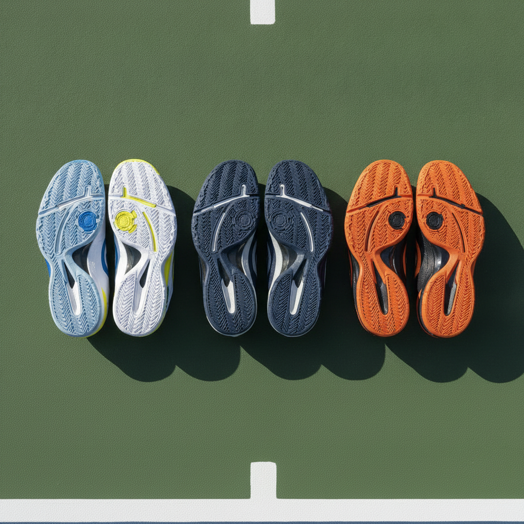 Men's pickleball court shoes arranged overhead on outdoor court showing herringbone grip patterns and outsole traction for lateral play