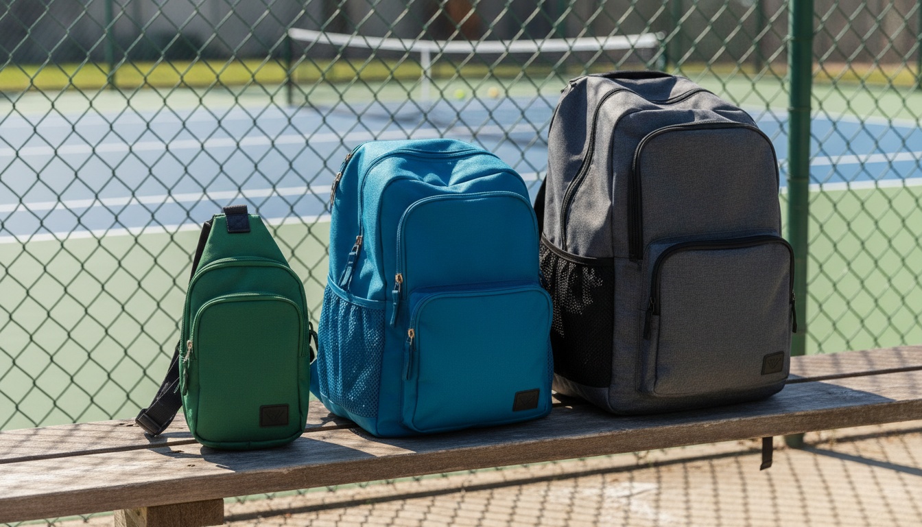 Three pickleball bags at different price points laid out on a courtside bench for comparison