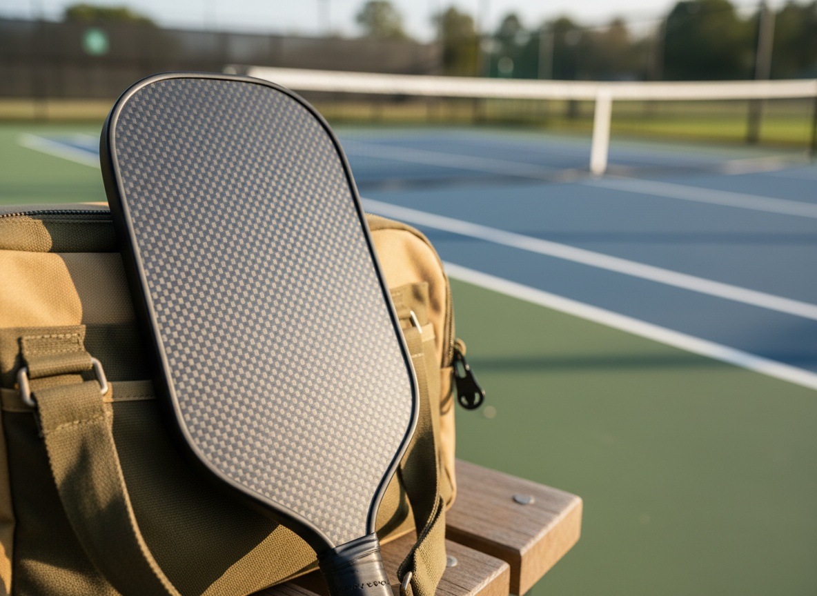 Close-up of textured carbon fiber pickleball paddle face on a courtside bench, morning light