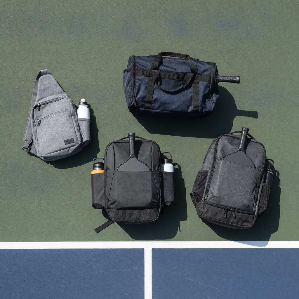 Four pickleball bags at different price tiers arranged on outdoor court surface