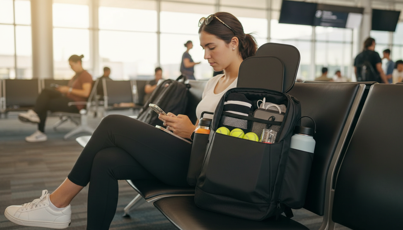 FORWRD pickleball backpack at airport terminal — carry-on compliant tournament bag on departure gate seat