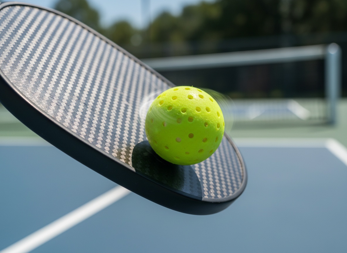 Close-up of pickleball paddle brushing upward across the ball at contact point, paddle face angled 30 degrees from horizontal