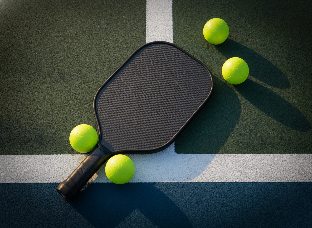 Pickleball paddle face showing raw carbon fiber texture detail, flat lay on court surface