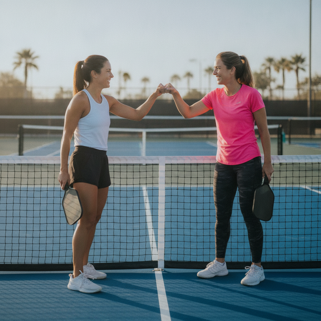 Pickleball doubles partners fist-bumping over the net after a tough point, positive body language