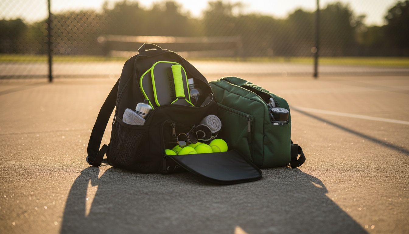 Two pickleball backpacks on an outdoor concrete court at golden hour, gear organized on the bench