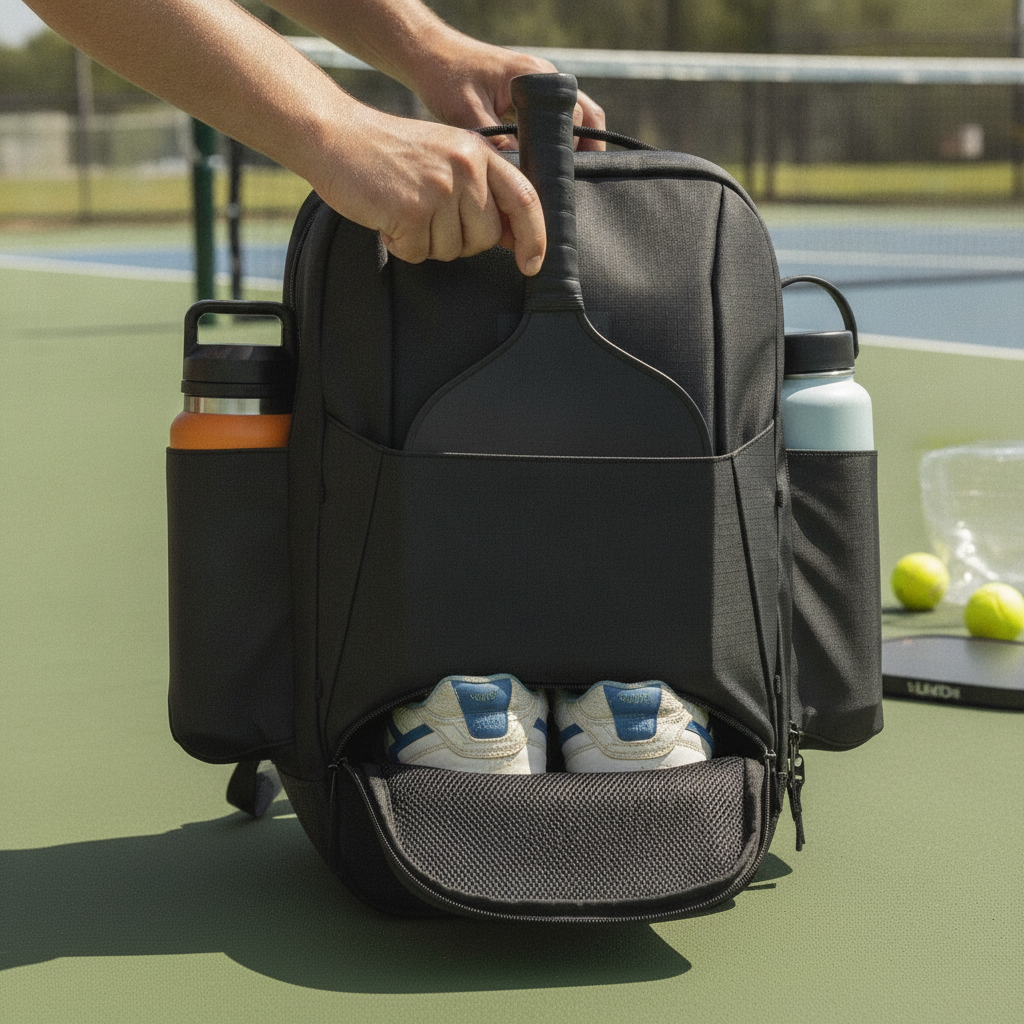 Player packing court shoes into a bag's ventilated shoe compartment at an outdoor pickleball court