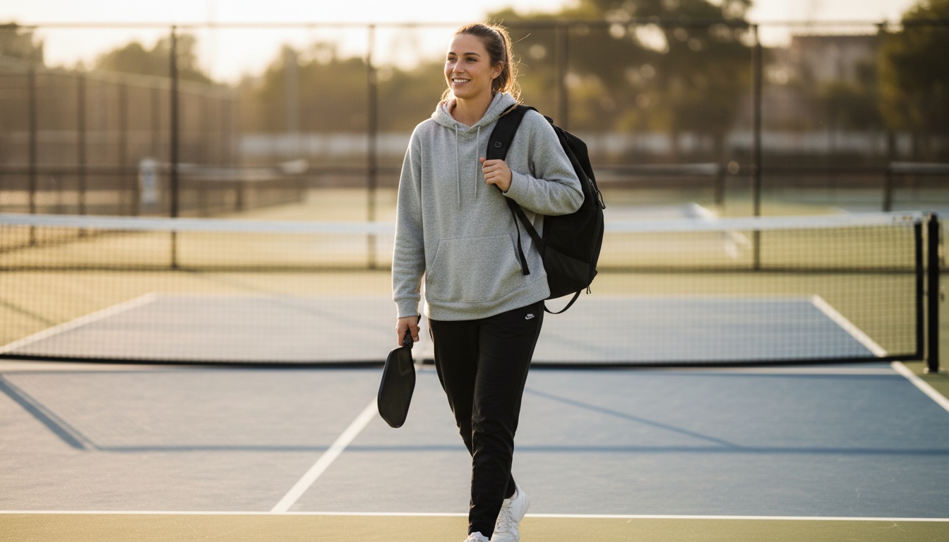 Pickleball player walking off outdoor court with sport backpack after a match
