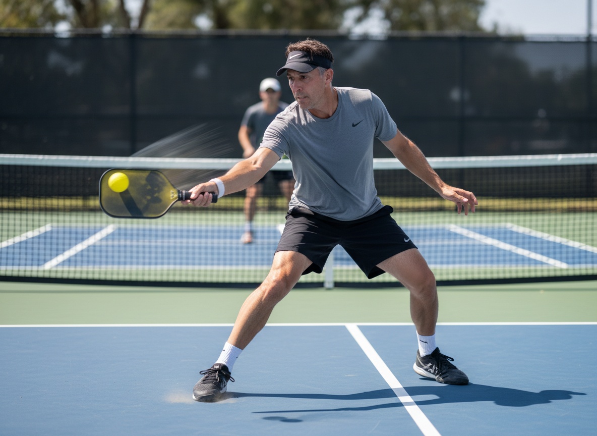 Pickleball player at the kitchen non-volley zone during a hands battle, outdoor court