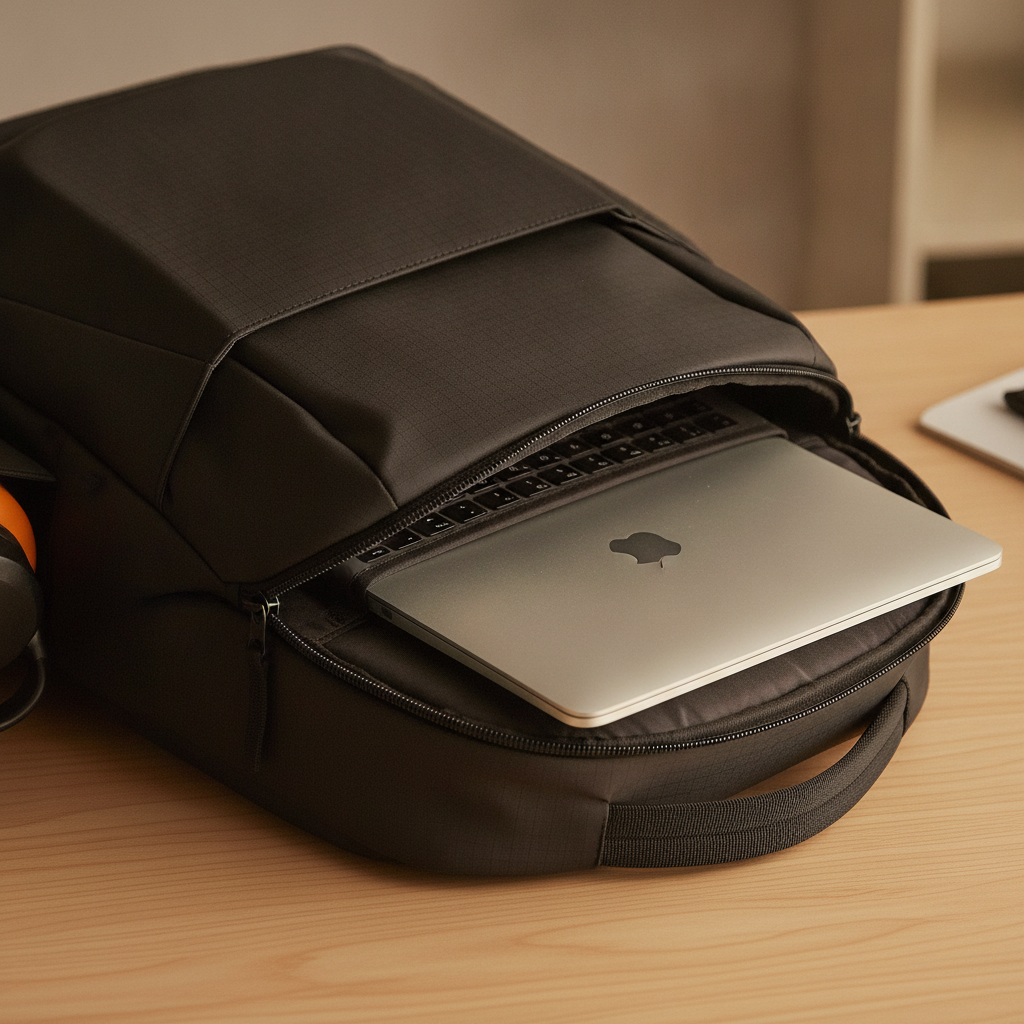 Close-up of padded laptop sleeve on black pickleball backpack with MacBook Pro partially inserted, warm desk lighting