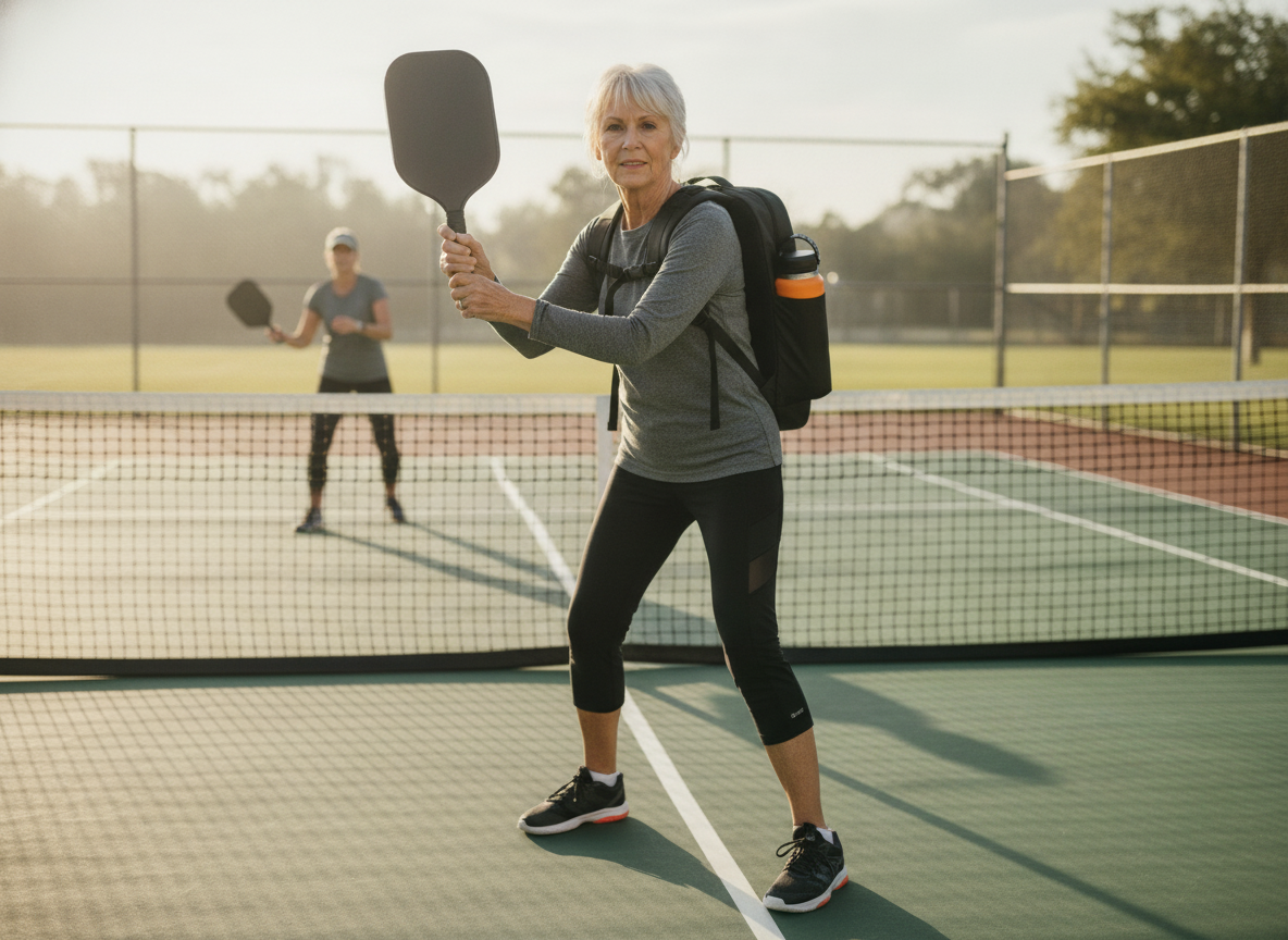 Senior woman player ready at the kitchen line on an outdoor pickleball court, focused and athletic