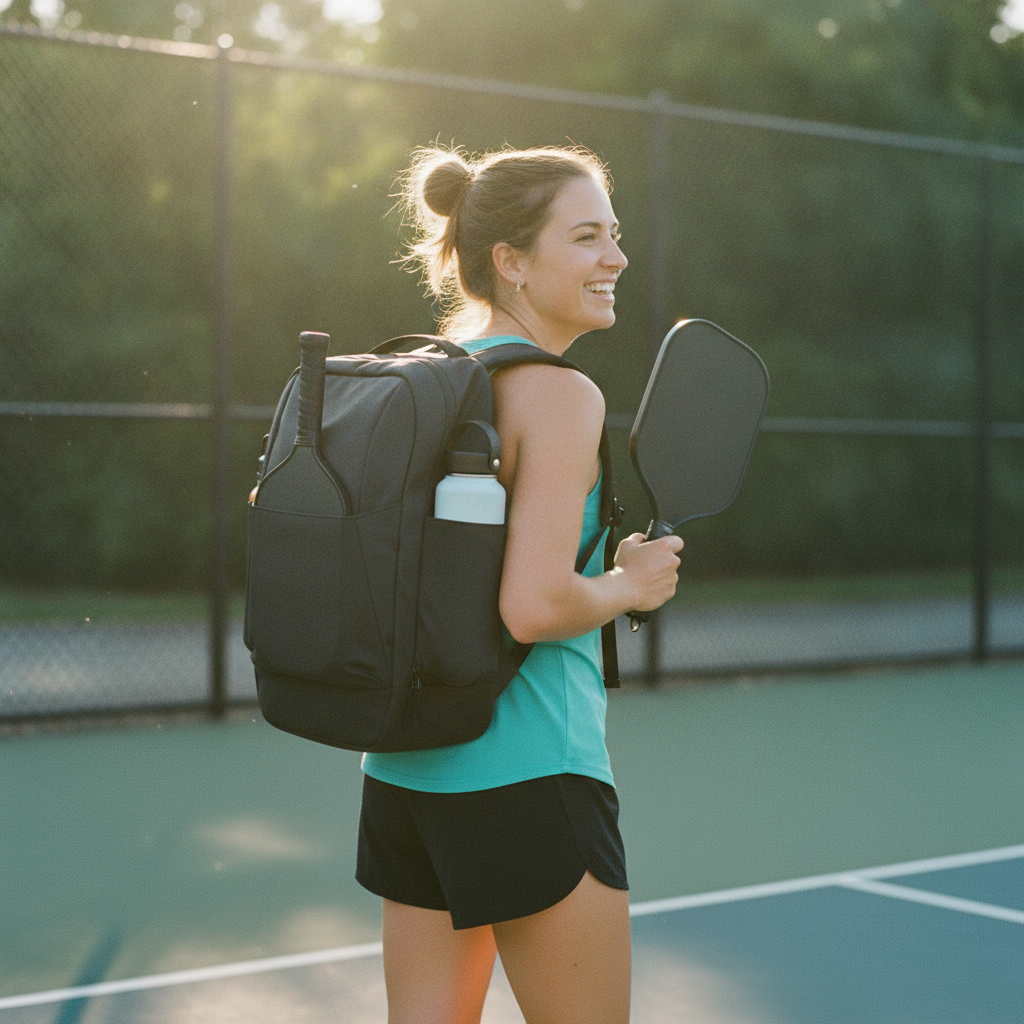 Pickleball player arriving at outdoor court with bag — a perfect birthday morning session