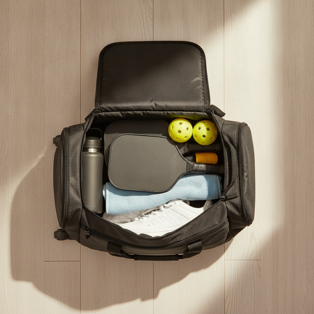 Overhead flat lay of organized pickleball tournament gear — paddles, balls, shoes, and water bottle — packed for a tournament trip