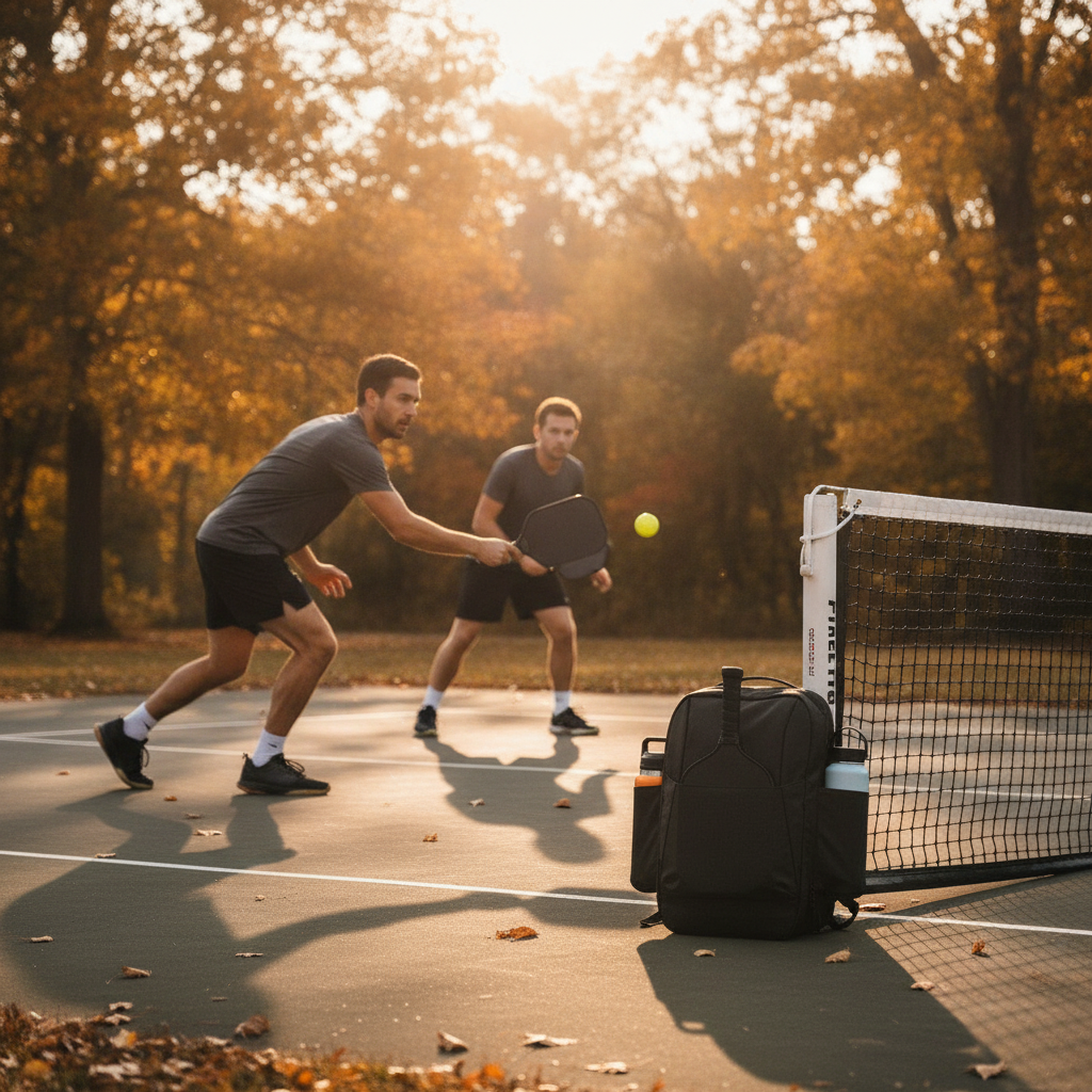 Two pickleball players in fall outdoor court rally, black bag courtside against net post