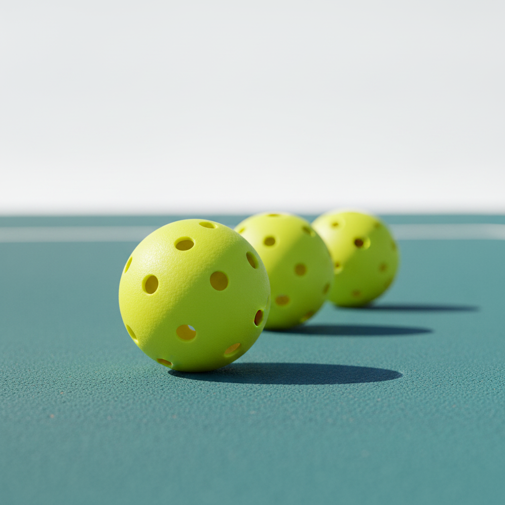 Three yellow outdoor pickleballs arranged on blue-green hard court surface, outdoor afternoon light