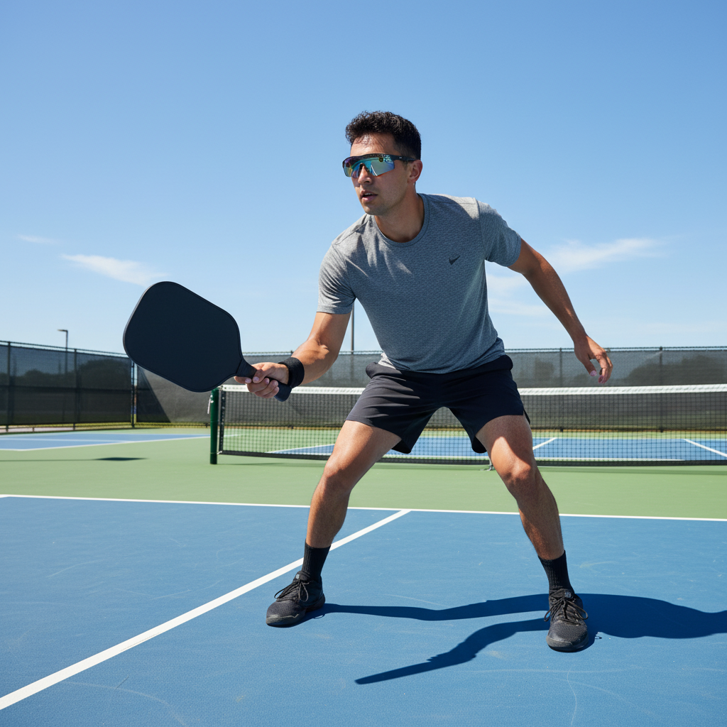 Player on outdoor pickleball court wearing photochromic sport sunglasses at the kitchen line