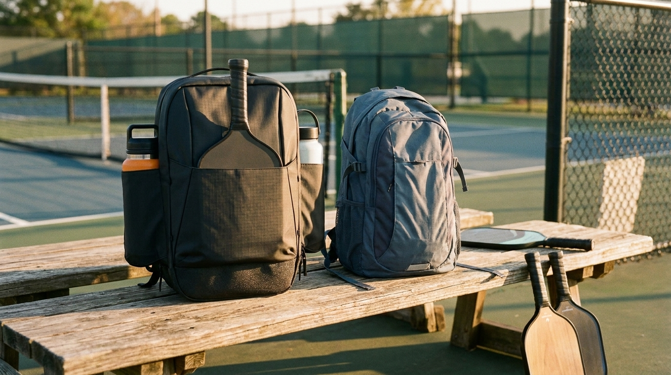 FORWRD Court Caddy vs Diadem Tour V3 pickleball bag comparison on a courtside bench