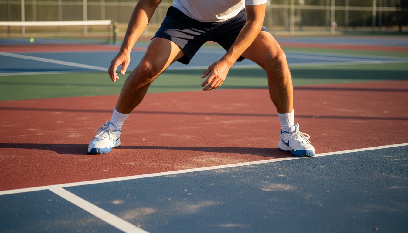 Pickleball player in dynamic lateral movement on outdoor hard court, court shoes visible