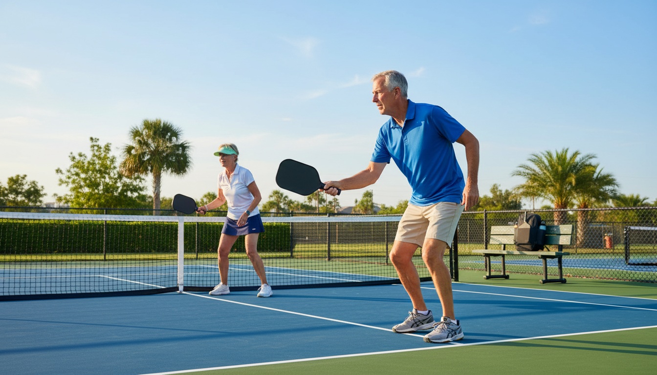 Senior pickleball players in their 60s playing doubles at an outdoor court, warm afternoon light