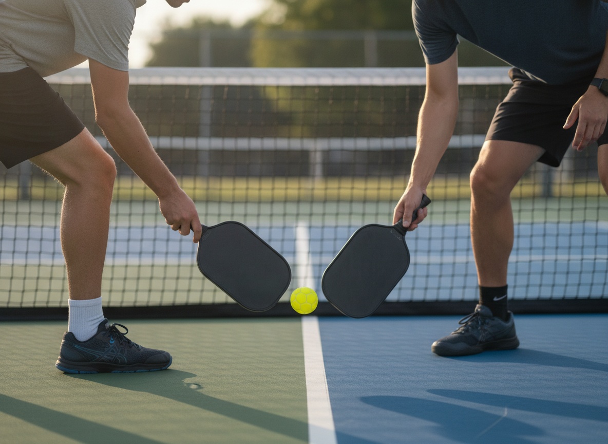 Two players trading dinks at the kitchen line on an outdoor pickleball court — the zone where the Callaway Inertia excels
