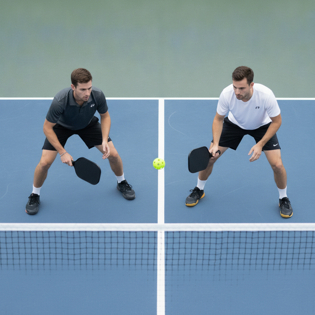 Pickleball player performing split-step footwork at the transition zone — feet wide, knees bent, paddle in ready position
